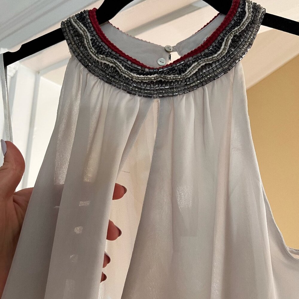 Zara Trafaluc Jeweled Beaded Collar Sleeveless Top Grey Size M Statement